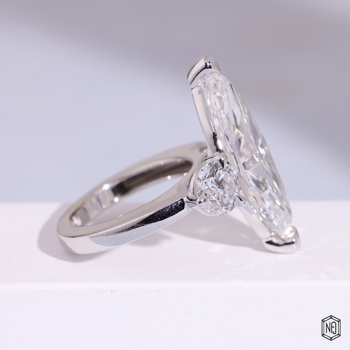 9.57 Carat Marquise Cut Lab Grown Diamond Trellis Three-Stone Engagement Ring - Side Profile Angle