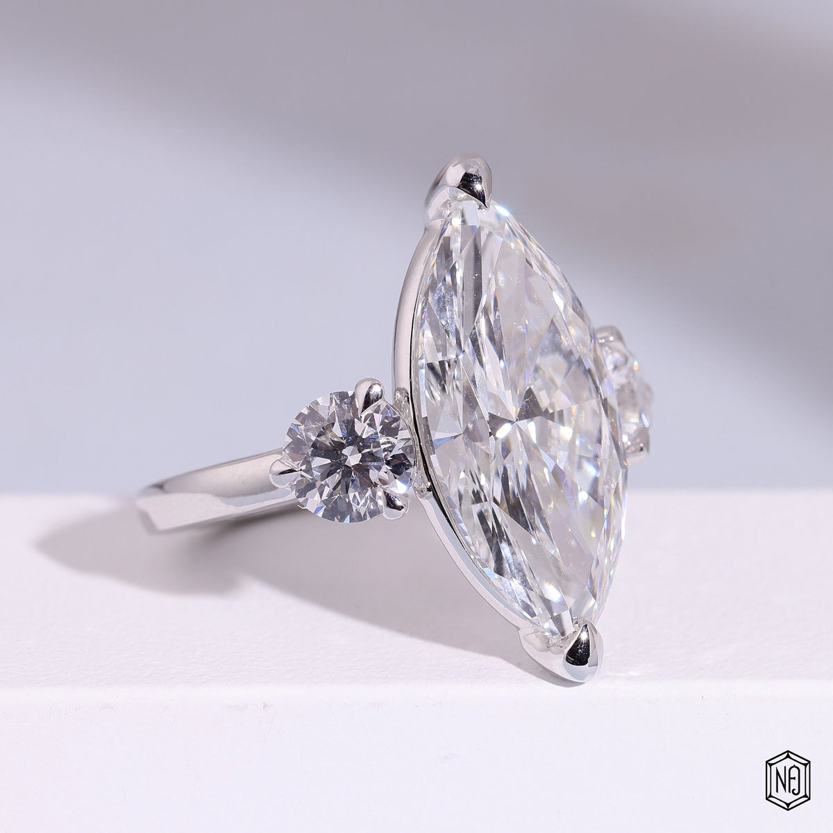 9.57 Carat Marquise Cut Lab Grown Diamond Trellis Three-Stone Engagement Ring - Gallery & Prongs Detail