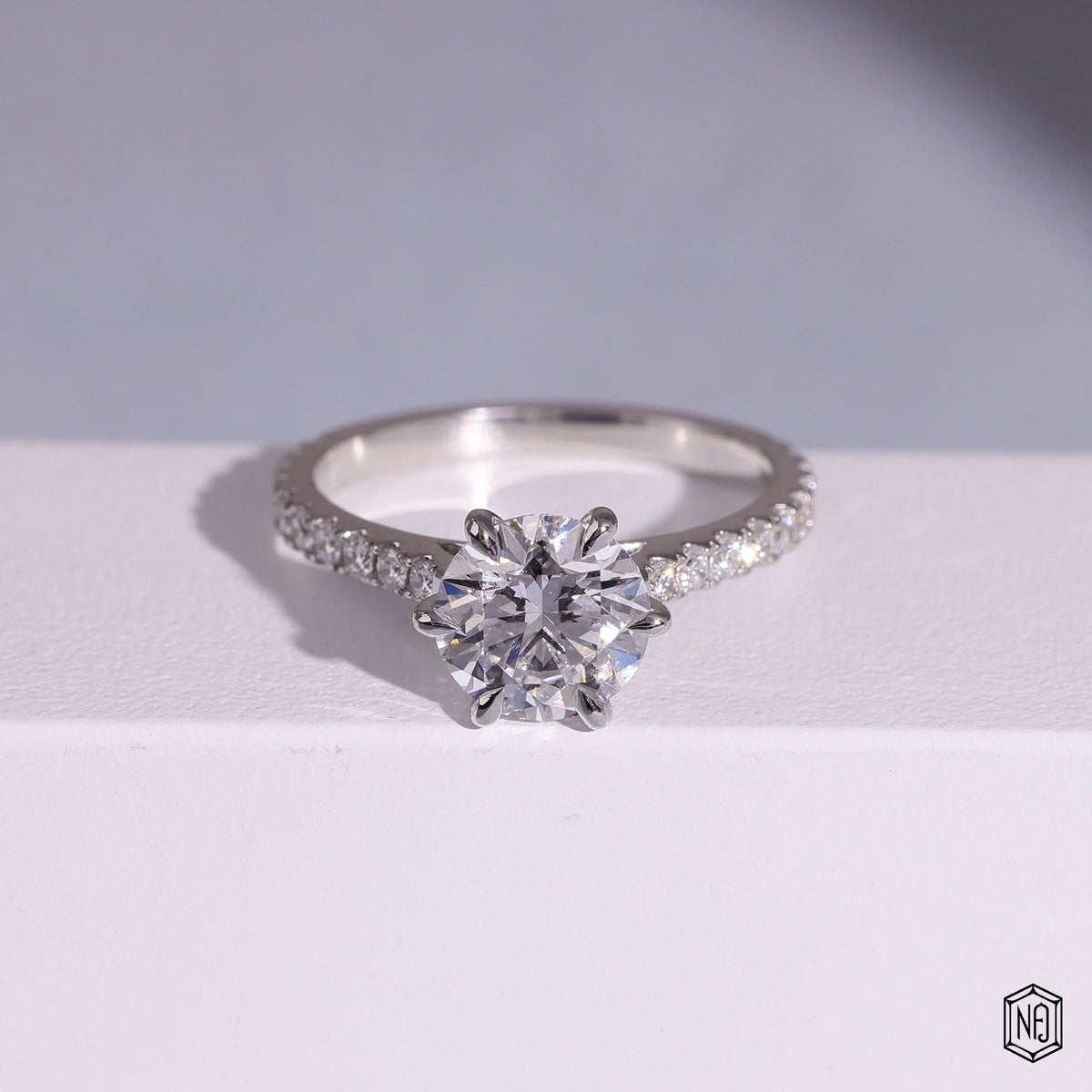 1.86 Carat Round Cut Lab Grown Diamond Side Stone Pavé Engagement Ring - Front Top View