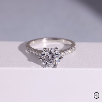 1.86 Carat Round Cut Lab Grown Diamond Side Stone Pavé Engagement Ring - Front Top View