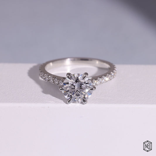 1.86 Carat Round Cut Lab Grown Diamond Side Stone Pavé Engagement Ring - Front Top View