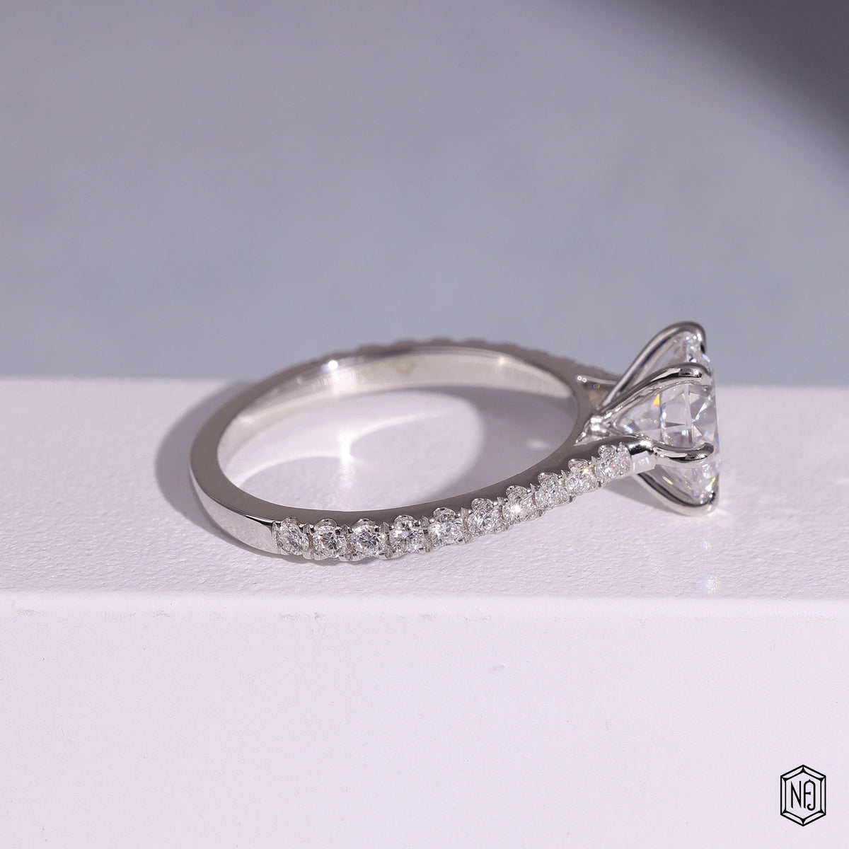 1.86 Carat Round Cut Lab Grown Diamond Side Stone Pavé Engagement Ring - Side Profile Angle