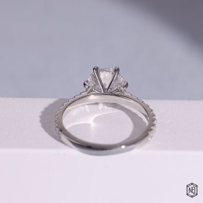 1.86 Carat Round Cut Lab Grown Diamond Side Stone Pavé Engagement Ring - Hand View / Detail Angle