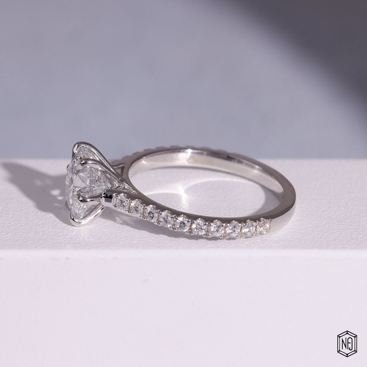 1.86 Carat Round Cut Lab Grown Diamond Side Stone Pavé Engagement Ring - Angled Perspective