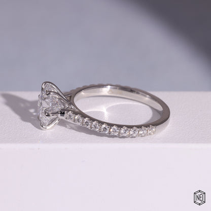 1.86 Carat Round Cut Lab Grown Diamond Side Stone Pavé Engagement Ring - Angled Perspective