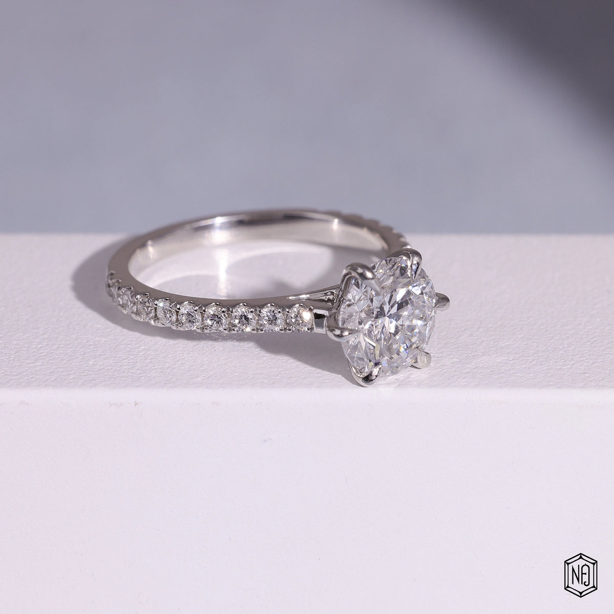 1.86 Carat Round Cut Lab Grown Diamond Side Stone Pavé Engagement Ring - Gallery & Prongs Detail