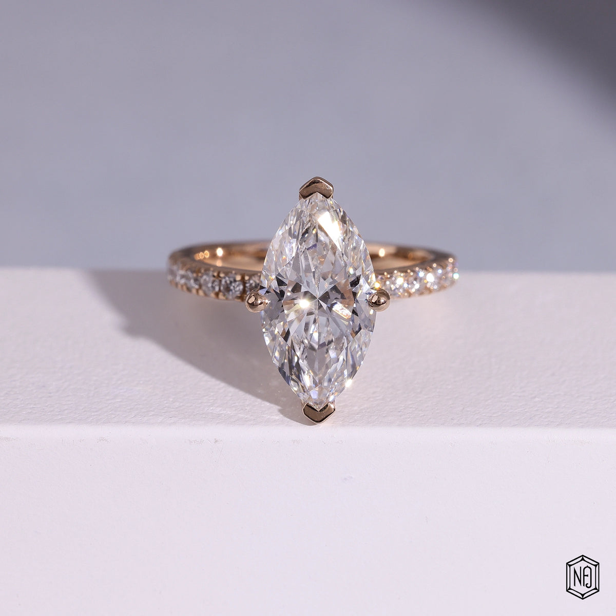 3.06 Carat Marquise Cut Lab Grown Diamond Side Stone Pavé Engagement Ring - Front Top View