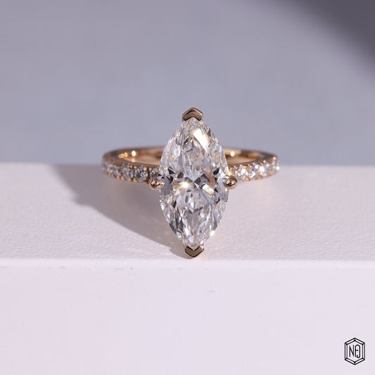 3.06 Carat Marquise Cut Lab Grown Diamond Side Stone Pavé Engagement Ring - Front Top View