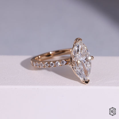 3.06 Carat Marquise Cut Lab Grown Diamond Side Stone Pavé Engagement Ring - Gallery & Prongs Detail