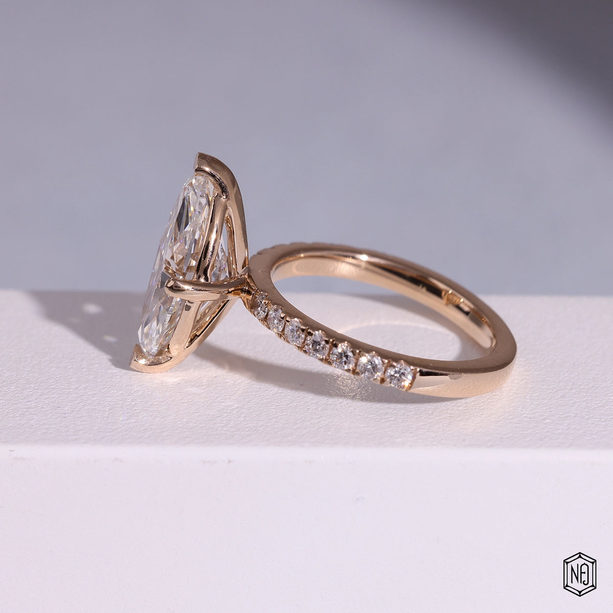 3.06 Carat Marquise Cut Lab Grown Diamond Side Stone Pavé Engagement Ring - Angled Perspective