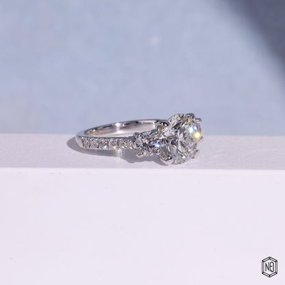 3.12 Carat Round Cut Lab Grown Diamond Trellis Three-Stone Engagement Ring - Gallery & Prongs Detail