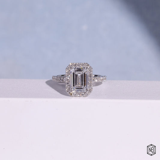 2.1 Carat Emerald Cut Lab Grown Diamond Classic Diamond Halo Engagement Ring - Front Top View
