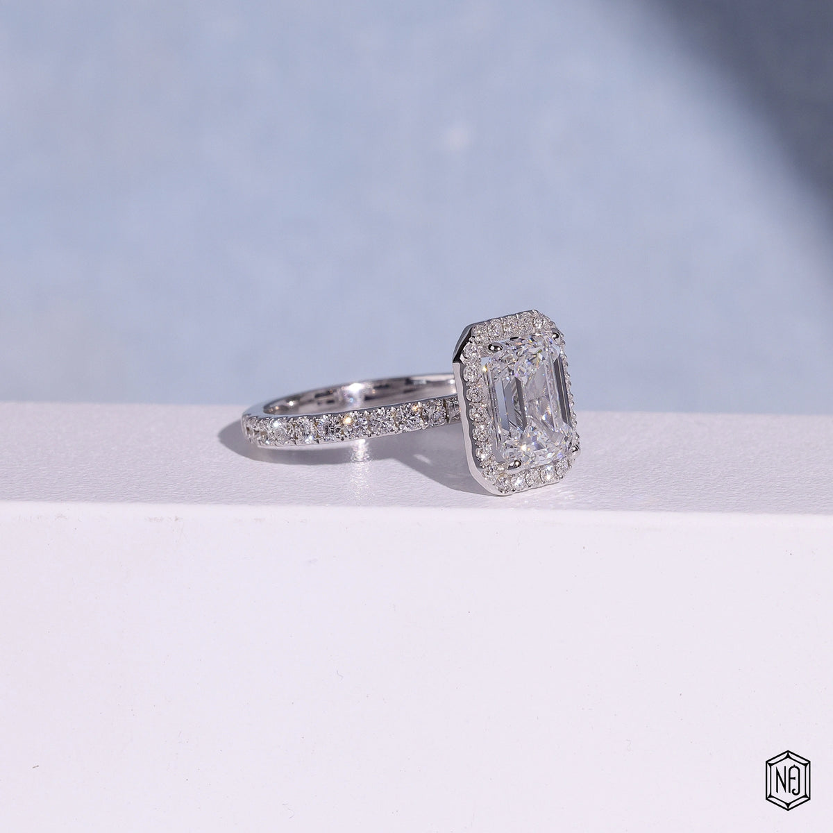2.1 Carat Emerald Cut Lab Grown Diamond Classic Diamond Halo Engagement Ring - Gallery & Prongs Detail