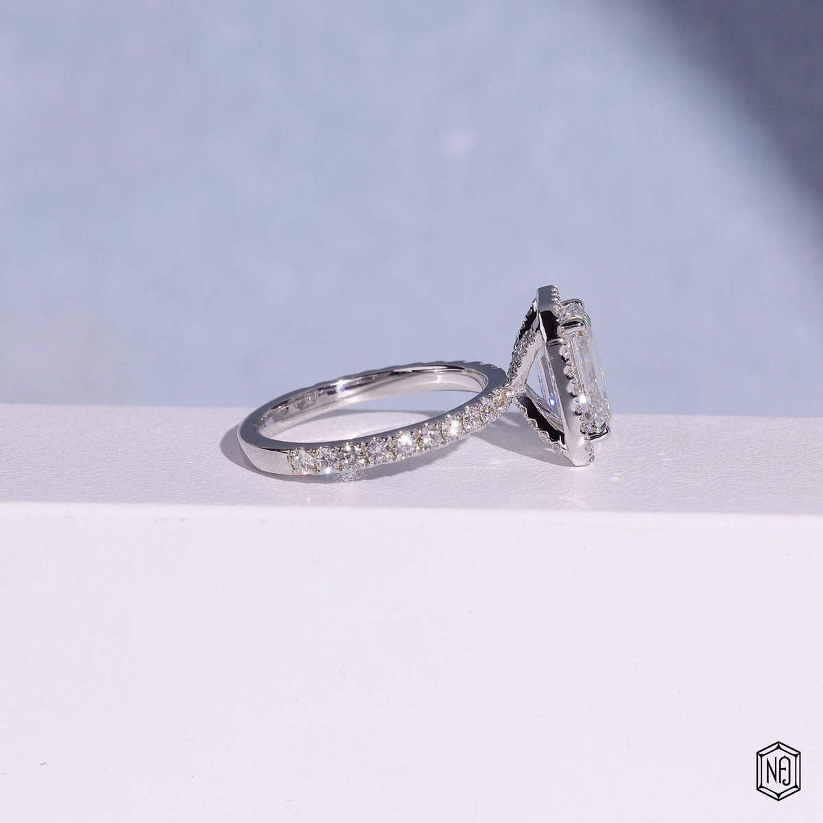2.1 Carat Emerald Cut Lab Grown Diamond Classic Diamond Halo Engagement Ring - Side Profile Angle