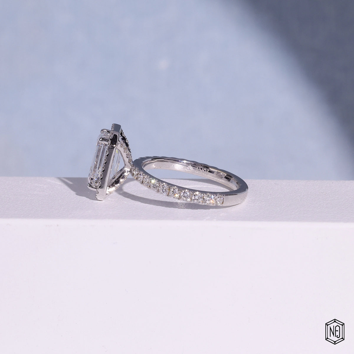 2.1 Carat Emerald Cut Lab Grown Diamond Classic Diamond Halo Engagement Ring - Angled Perspective