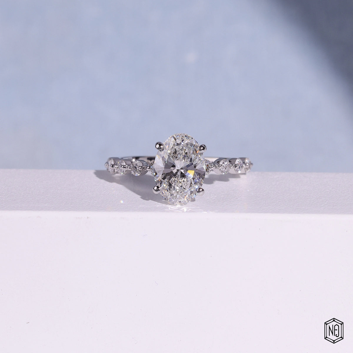 2.57 Carat Oval Cut Lab Grown Diamond Side Stone Pavé Engagement Ring - Front Top View