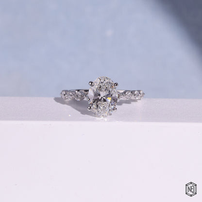 2.57 Carat Oval Cut Lab Grown Diamond Side Stone Pavé Engagement Ring - Front Top View