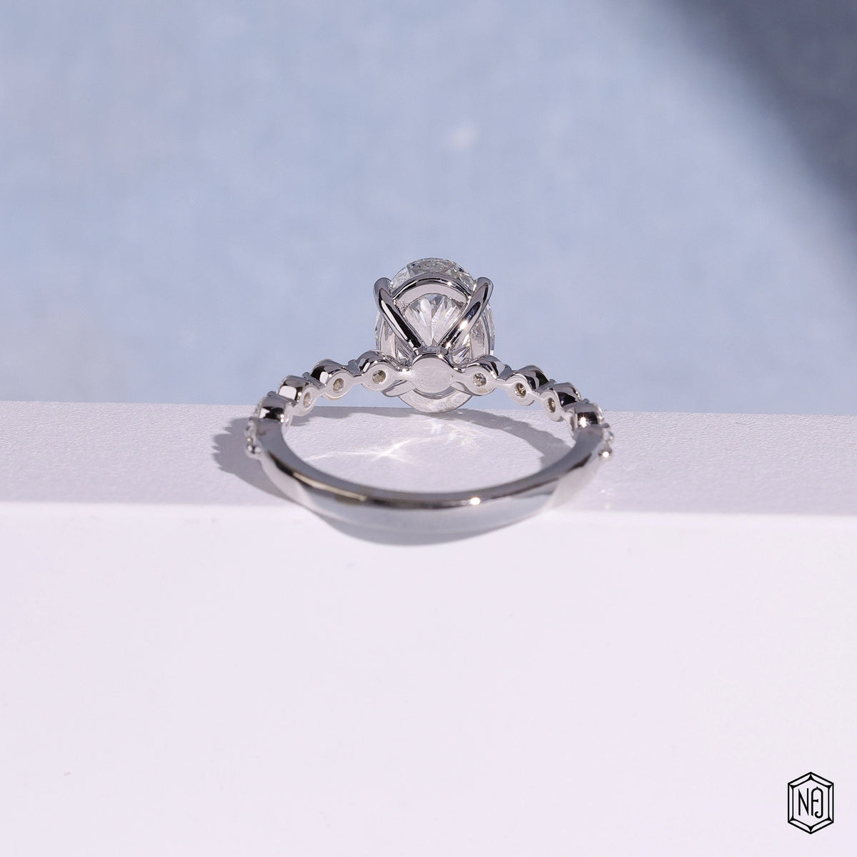 2.57 Carat Oval Cut Lab Grown Diamond Side Stone Pavé Engagement Ring - Angled Perspective
