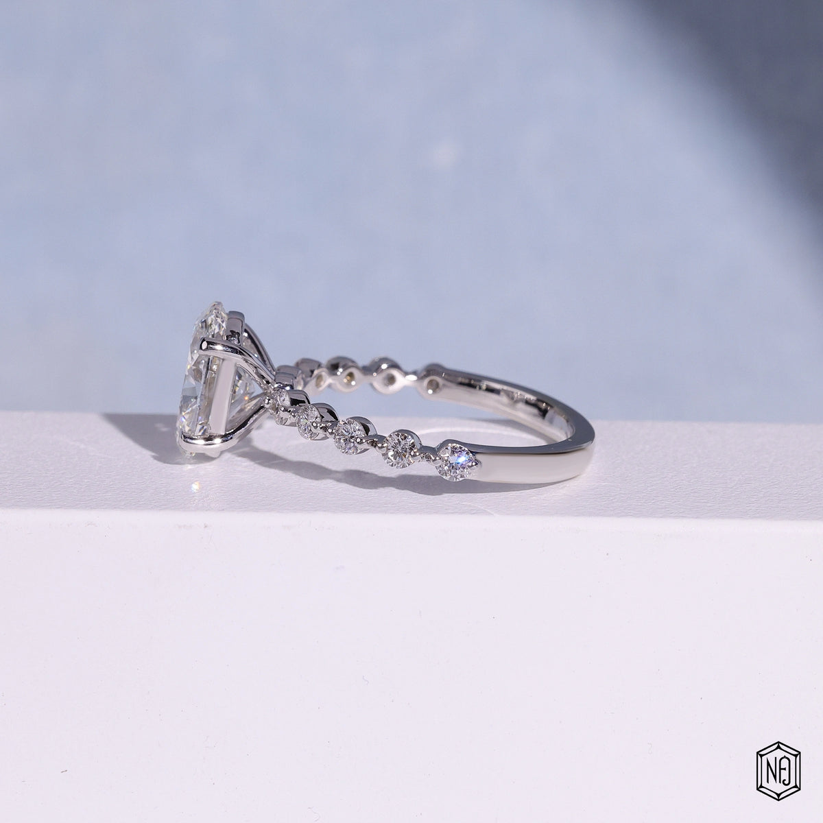 2.57 Carat Oval Cut Lab Grown Diamond Side Stone Pavé Engagement Ring - Gallery & Prongs Detail