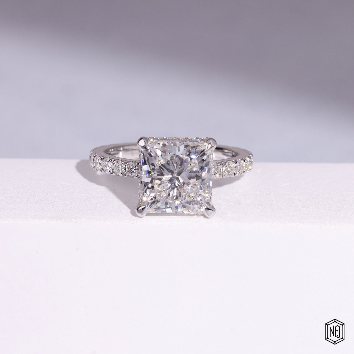 5.51 Carat Princess Cut Lab Grown Diamond Delicate Hidden Halo Engagement Ring - Front Top View