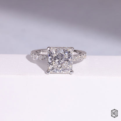 5.51 Carat Princess Cut Lab Grown Diamond Delicate Hidden Halo Engagement Ring - Front Top View