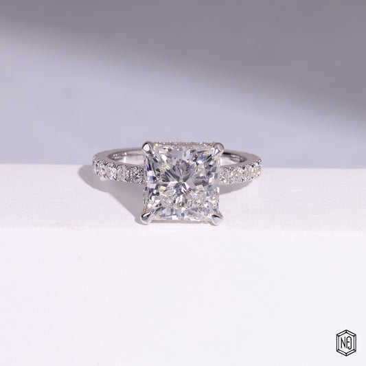 5.51 Carat Princess Cut Lab Grown Diamond Delicate Hidden Halo Engagement Ring - Front Top View