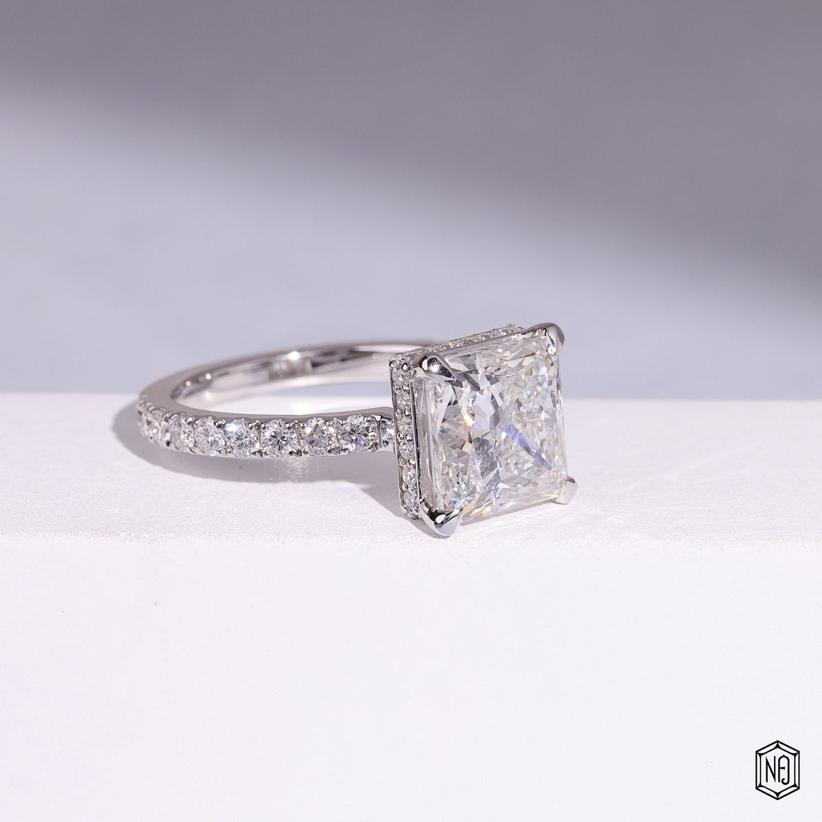 5.51 Carat Princess Cut Lab Grown Diamond Delicate Hidden Halo Engagement Ring - Gallery & Prongs Detail