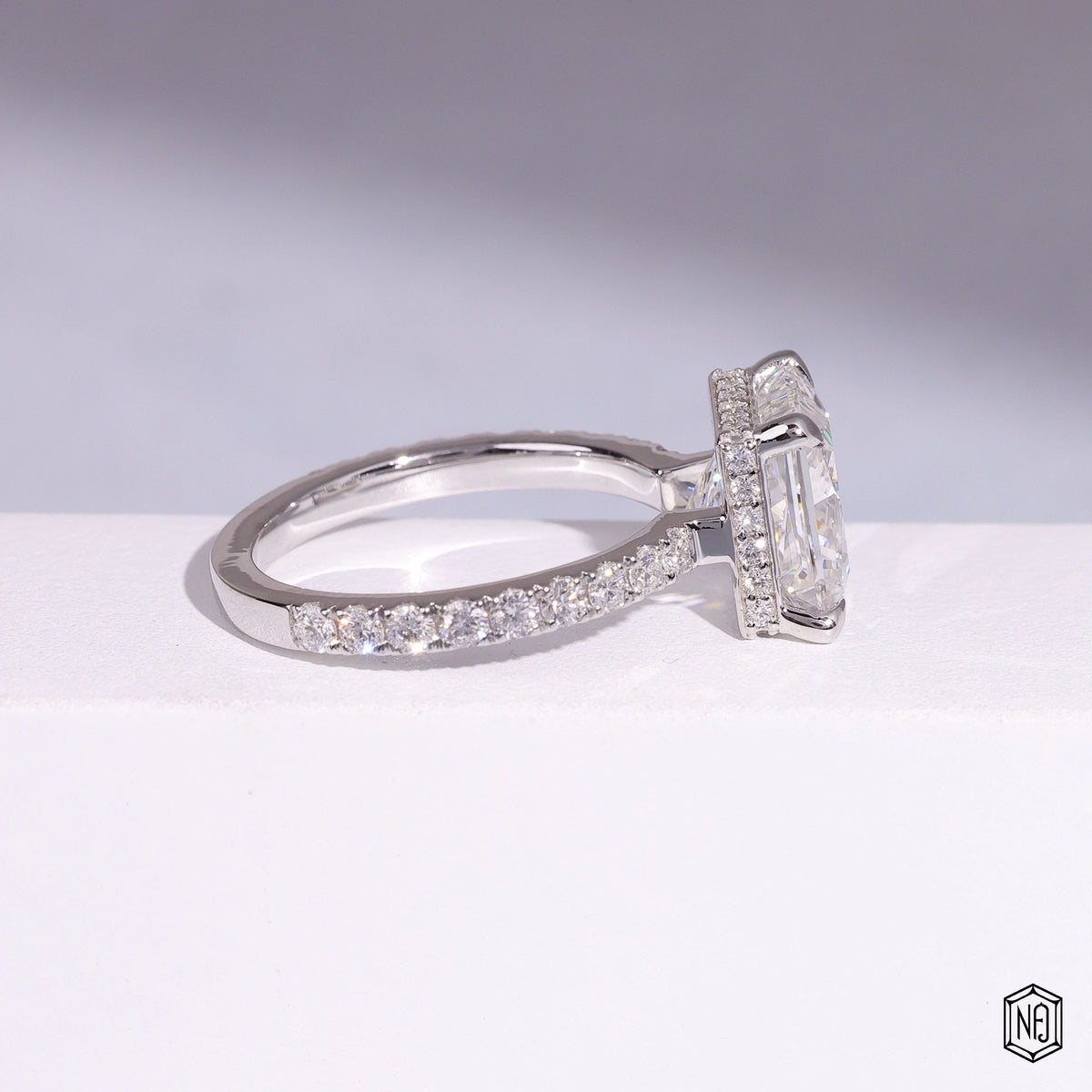 5.51 Carat Princess Cut Lab Grown Diamond Delicate Hidden Halo Engagement Ring - Side Profile Angle