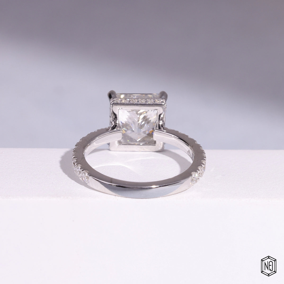 5.51 Carat Princess Cut Lab Grown Diamond Delicate Hidden Halo Engagement Ring - Hand View / Detail Angle