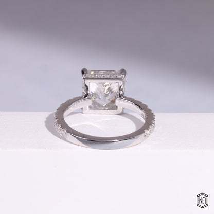 5.51 Carat Princess Cut Lab Grown Diamond Delicate Hidden Halo Engagement Ring - Hand View / Detail Angle
