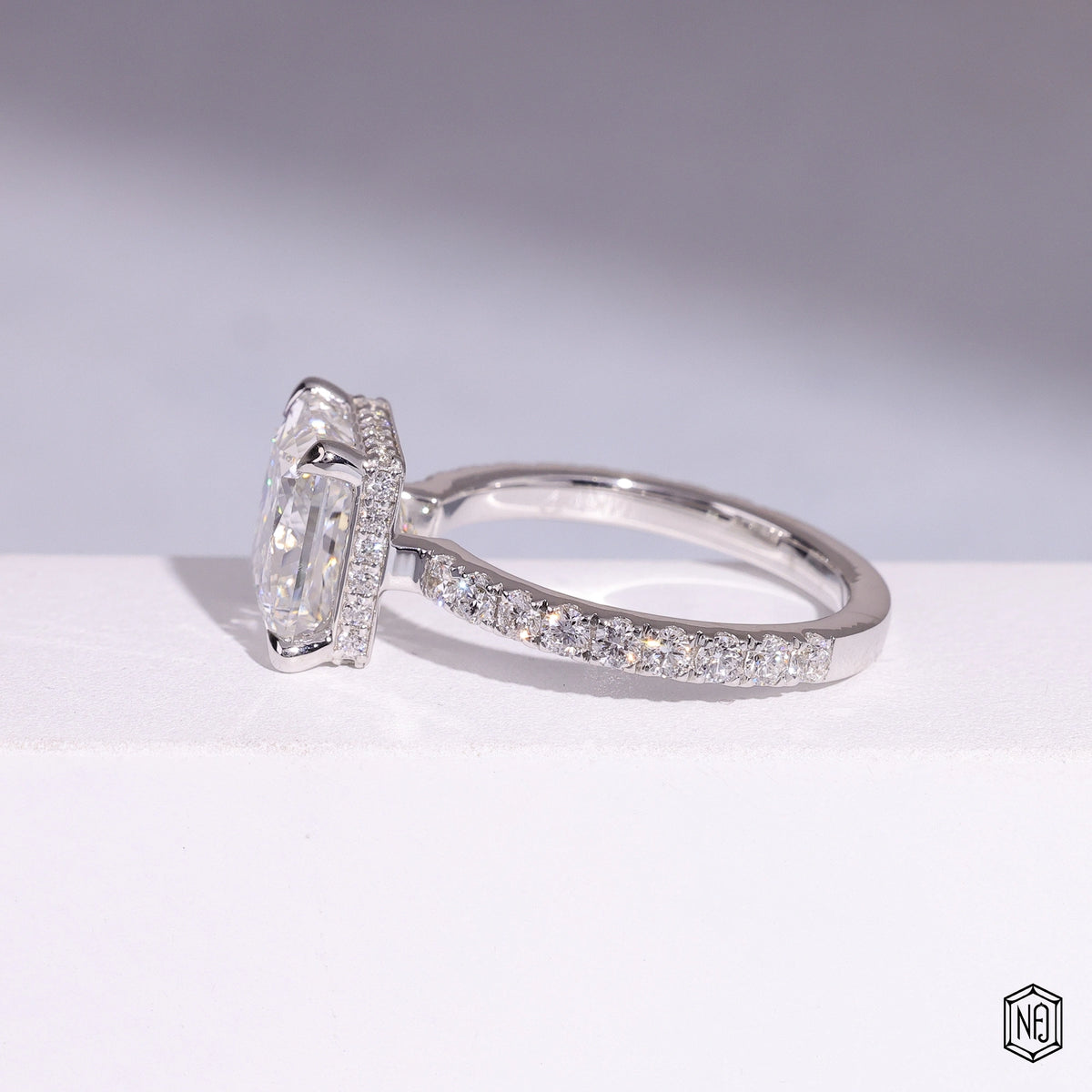 5.51 Carat Princess Cut Lab Grown Diamond Delicate Hidden Halo Engagement Ring - Angled Perspective