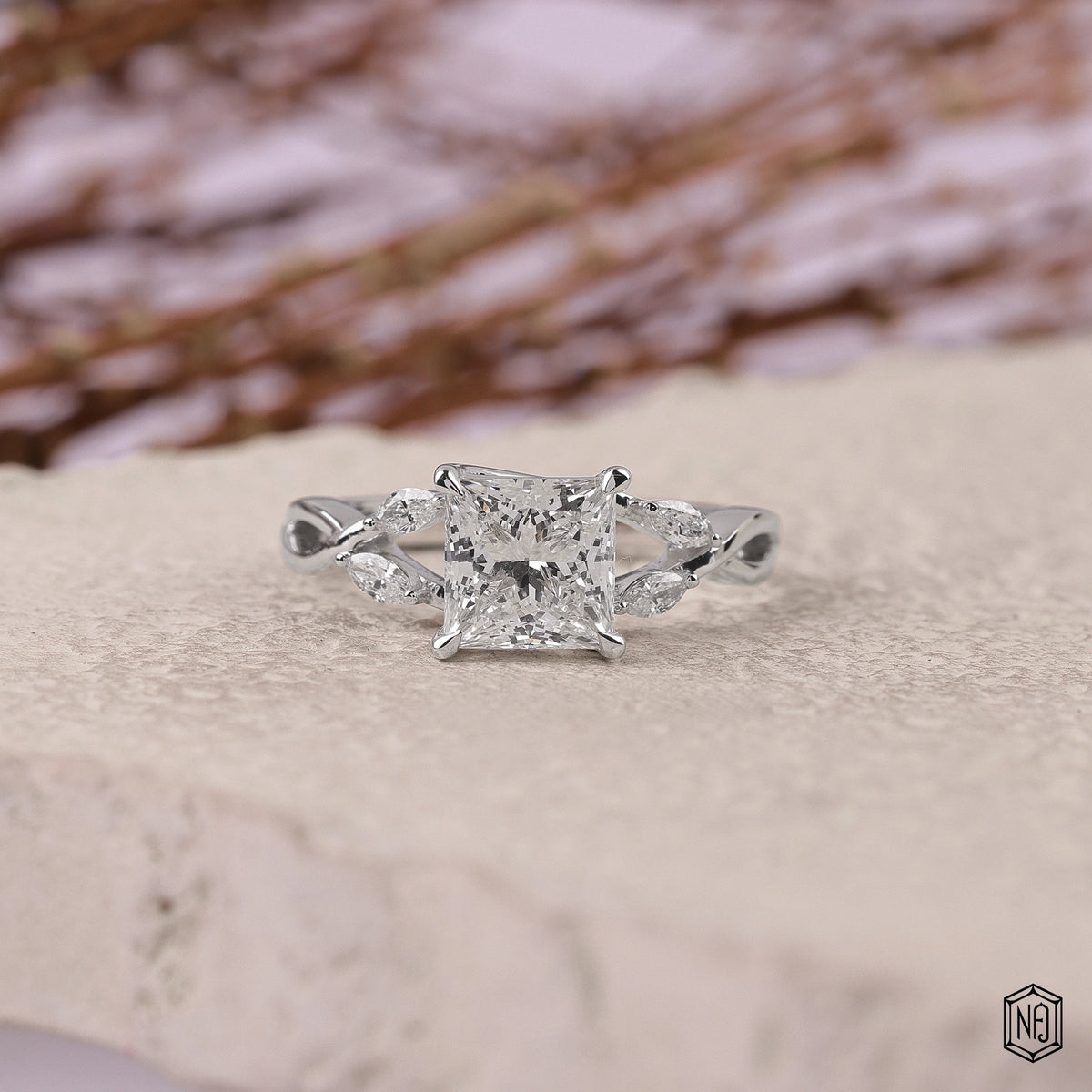 2.1 Carat Princess Cut Lab Grown Diamond Side Stone Pavé Engagement Ring - Front Top View