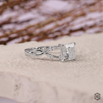 2.1 Carat Princess Cut Lab Grown Diamond Side Stone Pavé Engagement Ring - Gallery & Prongs Detail