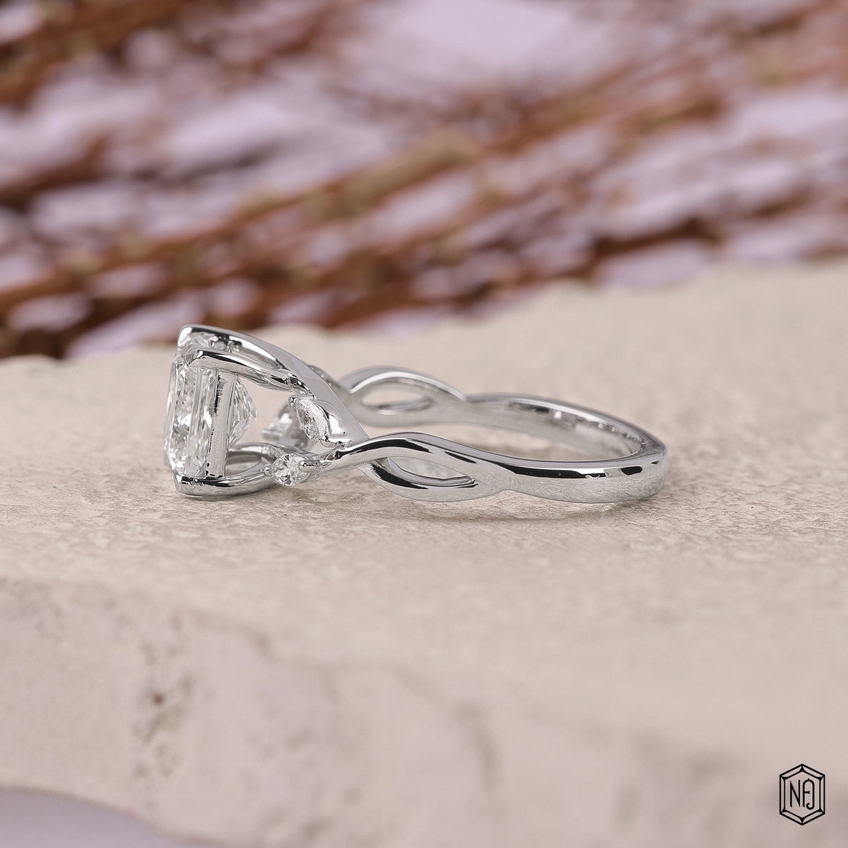 2.1 Carat Princess Cut Lab Grown Diamond Side Stone Pavé Engagement Ring - Angled Perspective