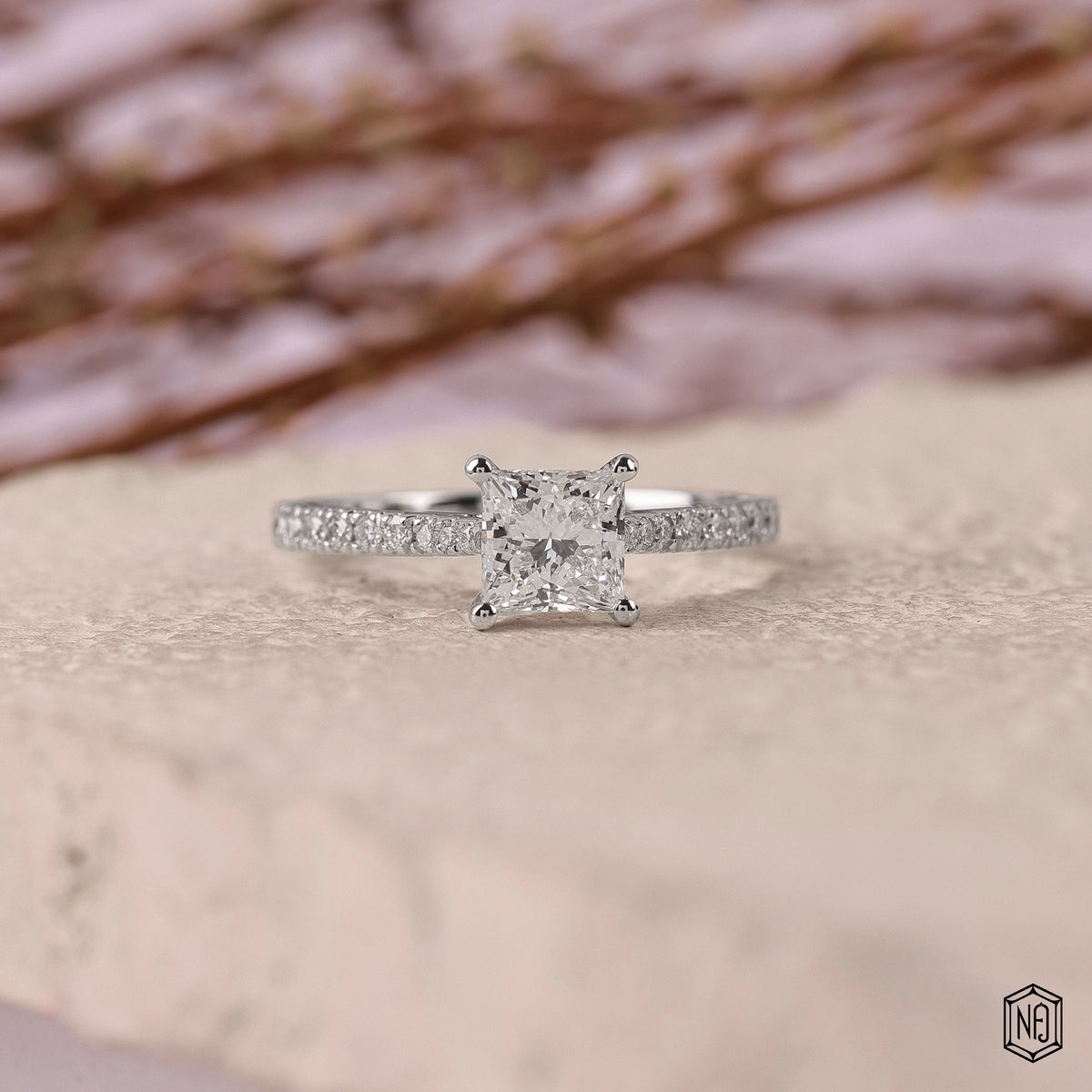 1.07 Carat Princess Cut Lab Grown Diamond Side Stone Pavé Engagement Ring - Front Top View