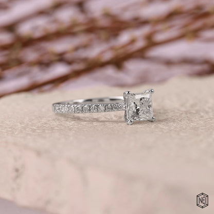 1.07 Carat Princess Cut Lab Grown Diamond Side Stone Pavé Engagement Ring - Gallery & Prongs Detail