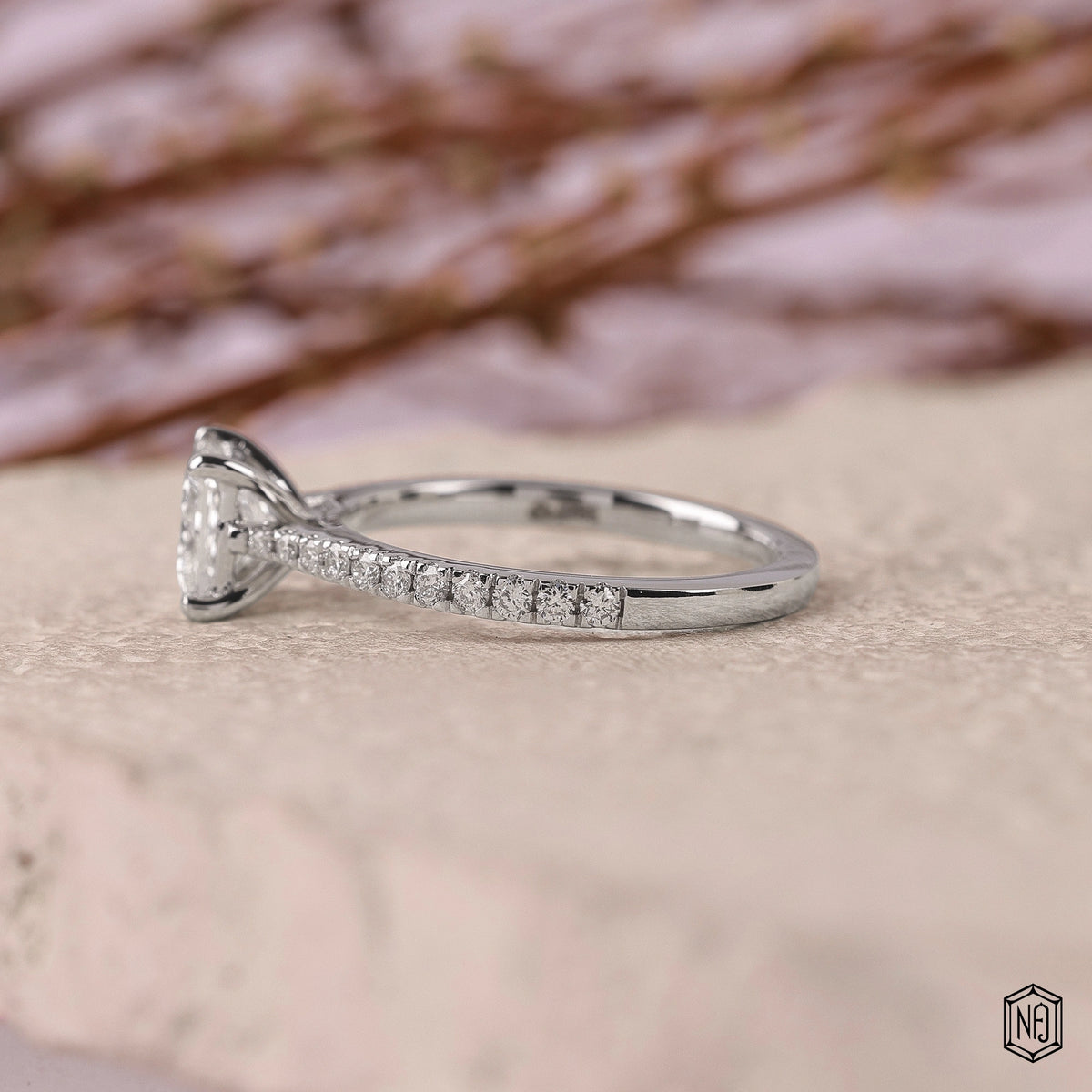 1.07 Carat Princess Cut Lab Grown Diamond Side Stone Pavé Engagement Ring - Angled Perspective