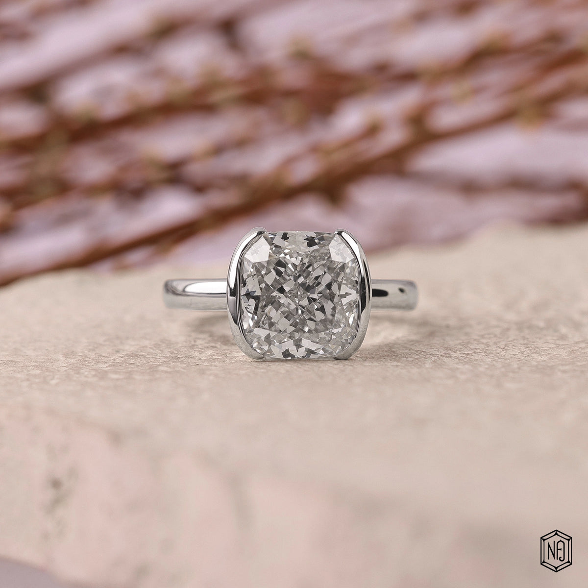 4.26 Carat Cushion Cut Lab Grown Diamond Modern Bezel Engagement Ring - Front Top View