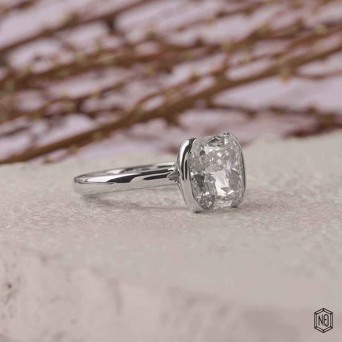 4.26 Carat Cushion Cut Lab Grown Diamond Modern Bezel Engagement Ring - Gallery & Prongs Detail