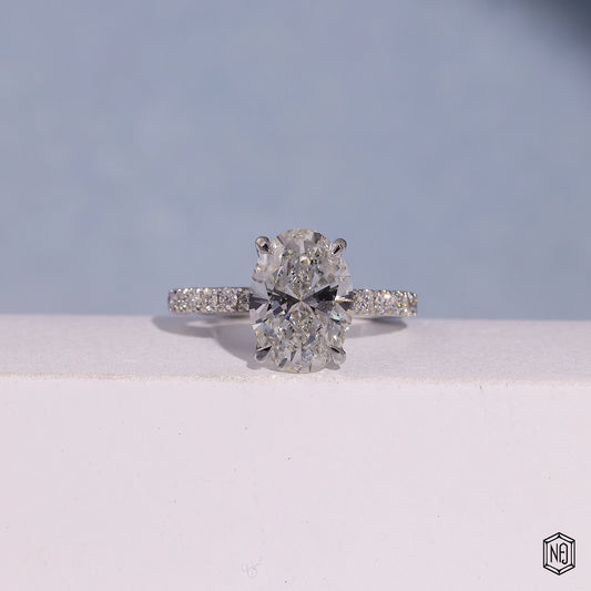 3.03 Carat Oval Cut Lab Grown Diamond Delicate Hidden Halo Engagement Ring - Front Top View