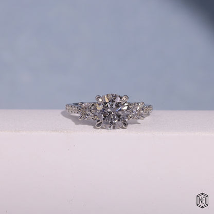1.73 Carat Round Cut Lab Grown Diamond Trellis Three-Stone Engagement Ring - Front Top View