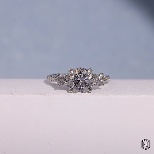 1.73 Carat Round Cut Lab Grown Diamond Trellis Three-Stone Engagement Ring - Front Top View