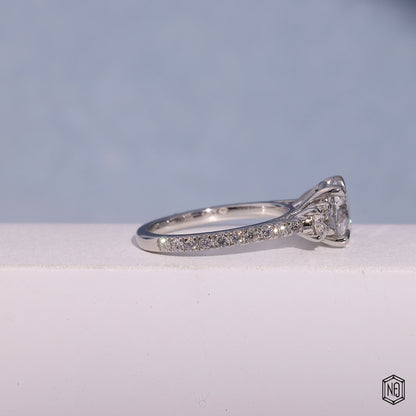 1.73 Carat Round Cut Lab Grown Diamond Trellis Three-Stone Engagement Ring - Gallery & Prongs Detail