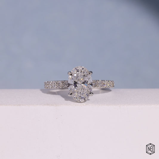 2.23 Carat Oval Cut Lab Grown Diamond Delicate Hidden Halo Engagement Ring - Front Top View