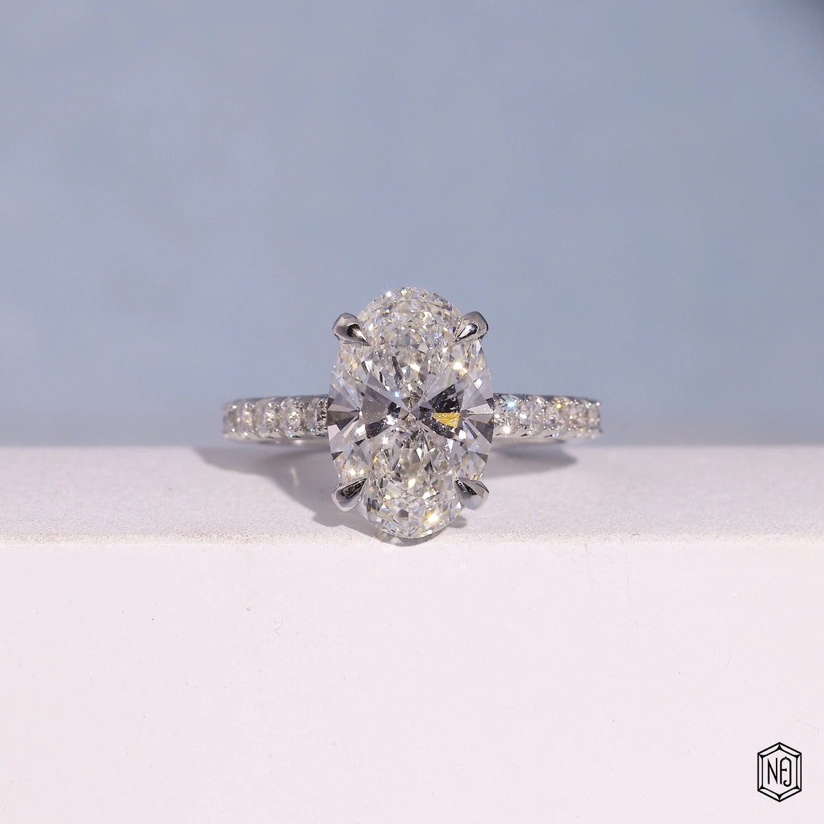 4.3 Carat Oval Cut Lab Grown Diamond Delicate Hidden Halo Engagement Ring - Front Top View