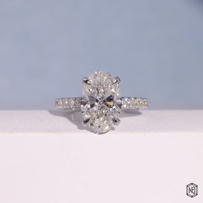 4.3 Carat Oval Cut Lab Grown Diamond Delicate Hidden Halo Engagement Ring - Front Top View