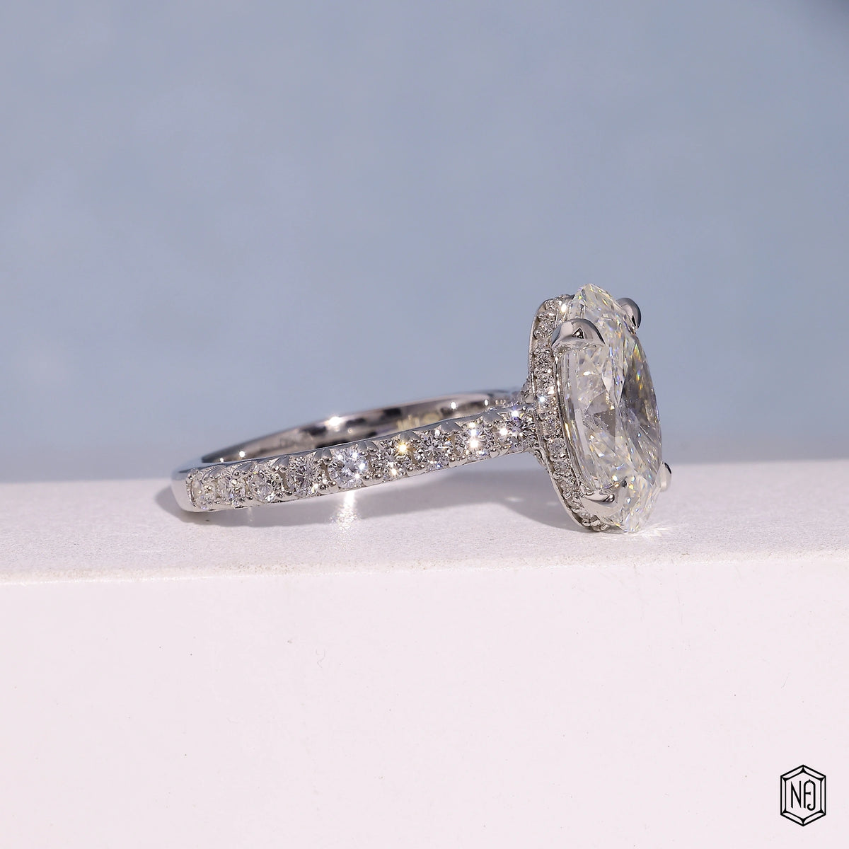 4.3 Carat Oval Cut Lab Grown Diamond Delicate Hidden Halo Engagement Ring - Gallery & Prongs Detail