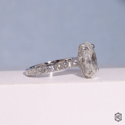 4.3 Carat Oval Cut Lab Grown Diamond Delicate Hidden Halo Engagement Ring - Gallery & Prongs Detail