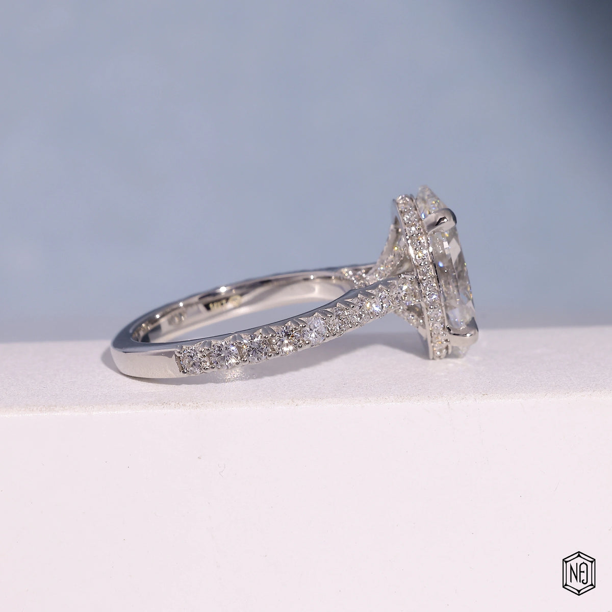 4.3 Carat Oval Cut Lab Grown Diamond Delicate Hidden Halo Engagement Ring - Side Profile Angle