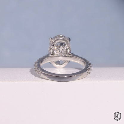 4.3 Carat Oval Cut Lab Grown Diamond Delicate Hidden Halo Engagement Ring - Hand View / Detail Angle